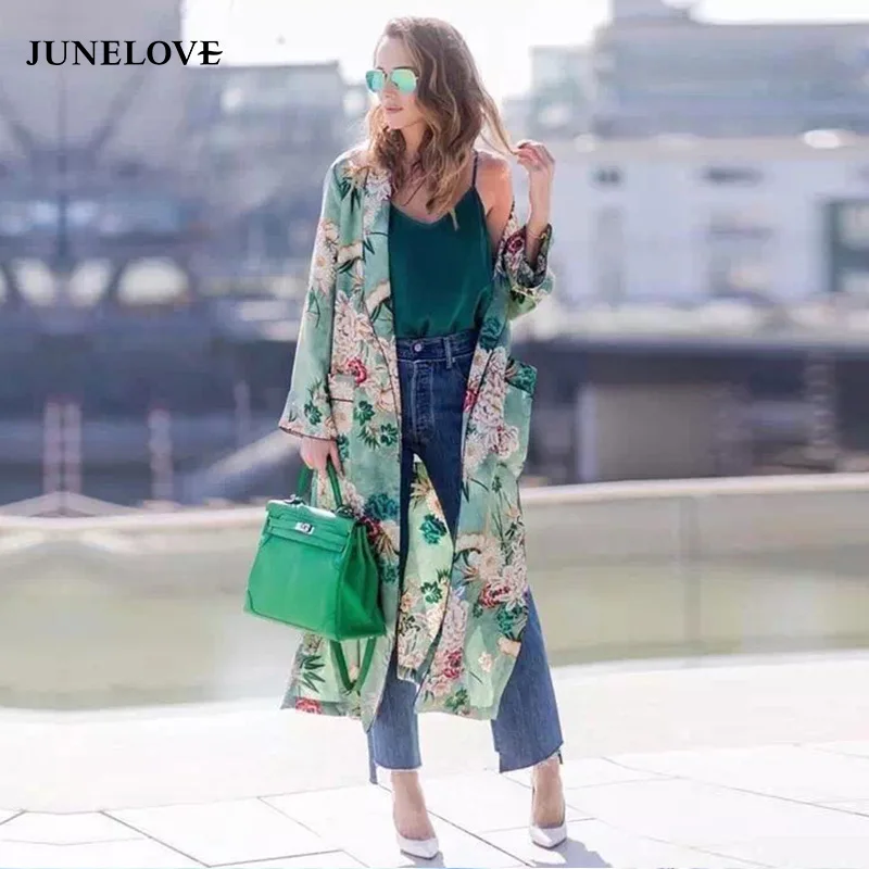 

JuneLove 2019 Floral print dress kimono Vintage dress Women sashes pocket Nightgowns & Sleepshirts shirt dress