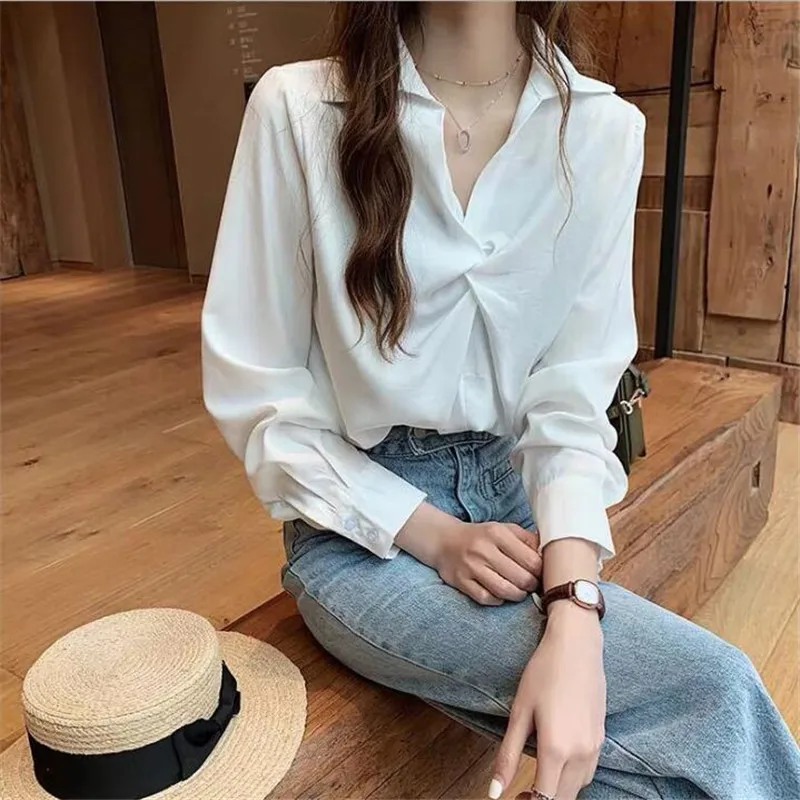 

Summer Women Clothing Long-sleeved Large Size Loose Shirt Slim Cardigan Shirt Solid Color T Shirts Top Elegant Ladies Clothes