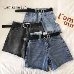 CamKemsey классический Высокая Талия Джинсовые шорты Для женщин 2019 Летний стиль модные рваные голубые джинсы Широкие шорты с поясом
