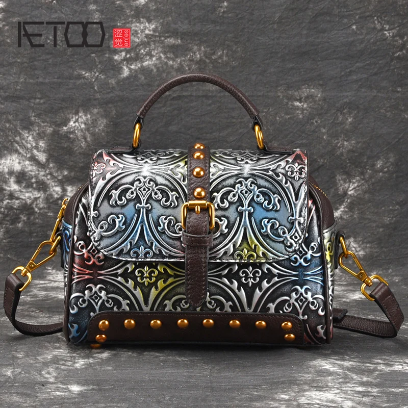 

AETOO New Retro bag female embossing wipe color shoulder bag oblique carry fashion leather female casual bag