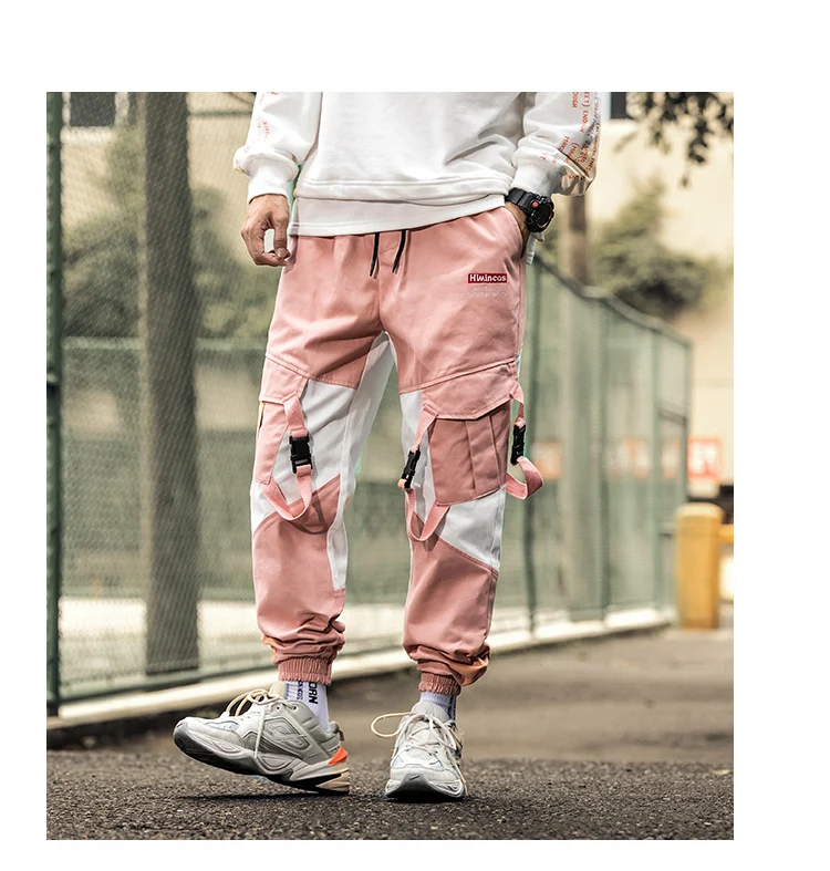 Una Reta Man Pants New Fashion Streetwear Joggers Hip Hop Trousers Men casual Elastic Waist Buckle design Pink Cargo Pants Men