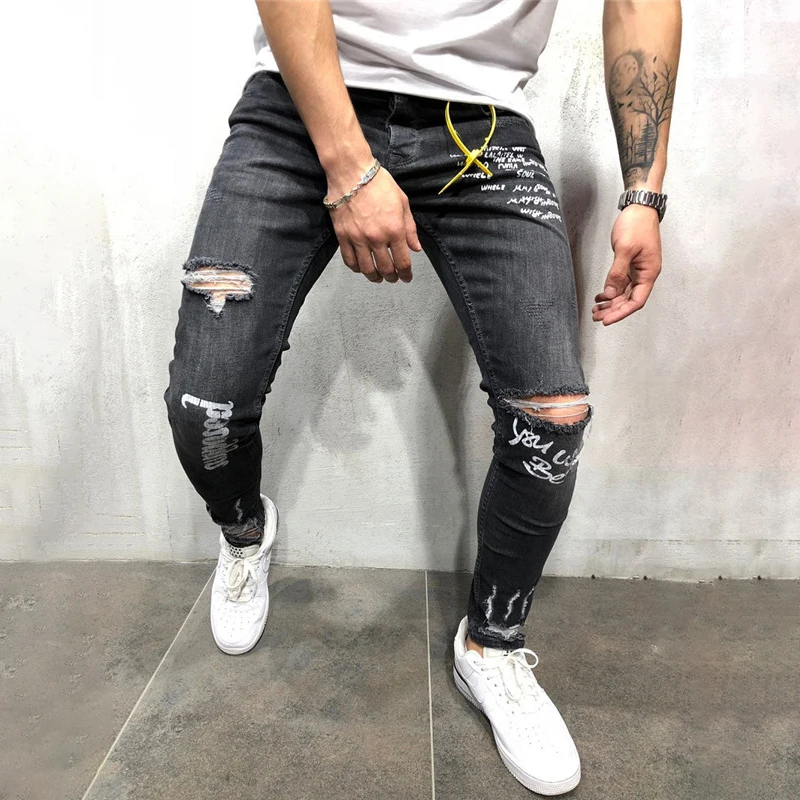 Men's New Stretchy Ripped Skinny Jeans Destroyed Denim Pants Mens Casual Elastic Waist Pencil Pants