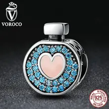 VOROCO Romántica 925 Soft Pink Corazón Botella de Perfume Azul Cristales Encantos Fit Pandora Pulseras Del Encanto Joyería C094