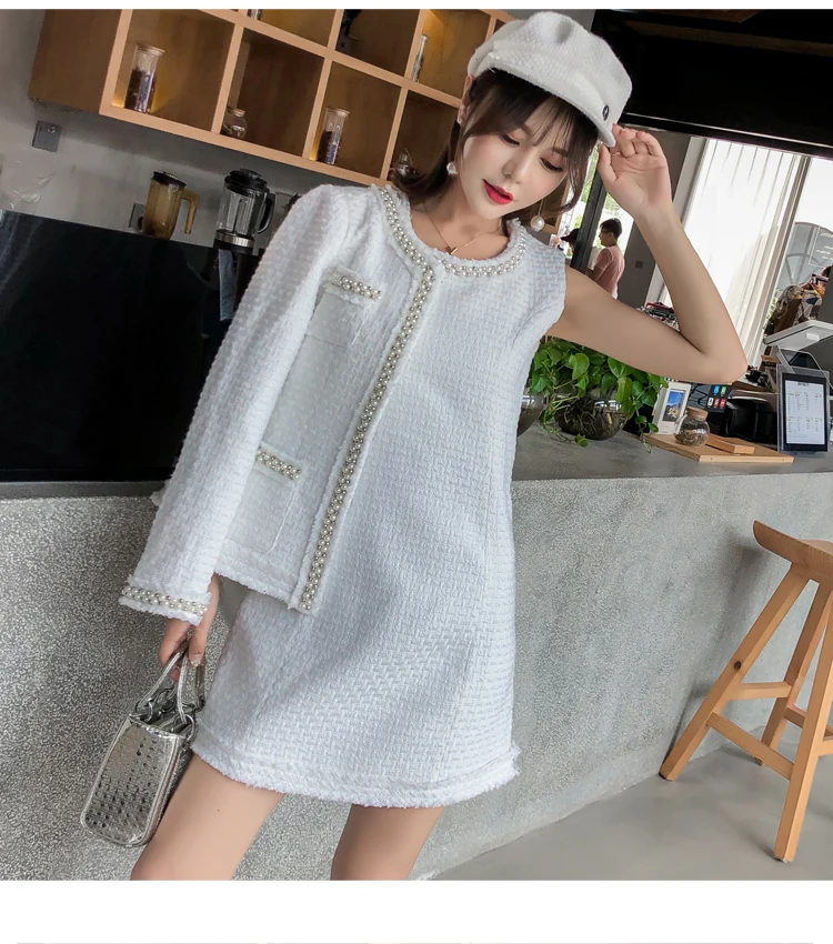 2018 New Autumn Runway Tweed 2 Piece Set Dress Designer Winter Women Beading White Jacket Coat + Mini Tank Wool Blend Suits