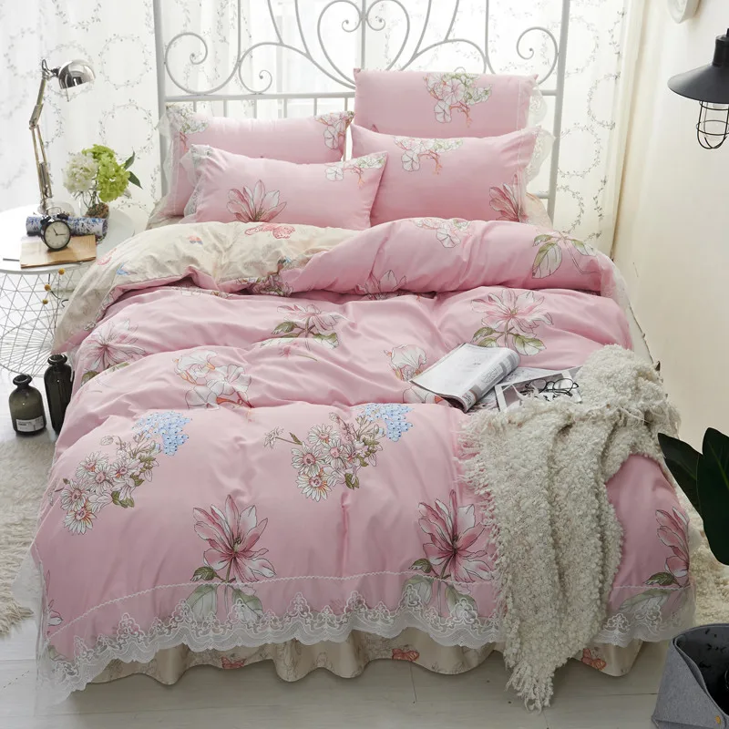 Princess Lace Edge Bedding Set 3 4 Pcs Duvet Cover Pillowcase Bed Skirt Twin Full Queen Flower Lavender Pattern Bed Linen