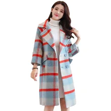 Модная Повседневная плотная теплая шерстяная Женская куртка в клетку зимняя однотонная длинное шерстяное пальто двубортное Женское шерстяное пальто