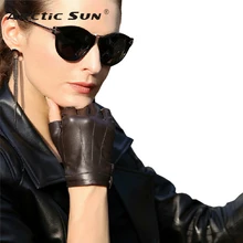 ^*Best Offers fashion color unisex leather fingerless gloves wrist half finger Genuine leather gloves unisex sheepskin driving mittens