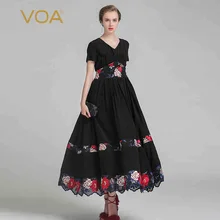 VOA 2017 de Verano Negro Sexy V-cuello de La Alta Cintura de Manga Corta Vestido de Fiesta de seda de La Vendimia Más El Tamaño de Las Mujeres Vestido Maxi de Impresión ALX03801