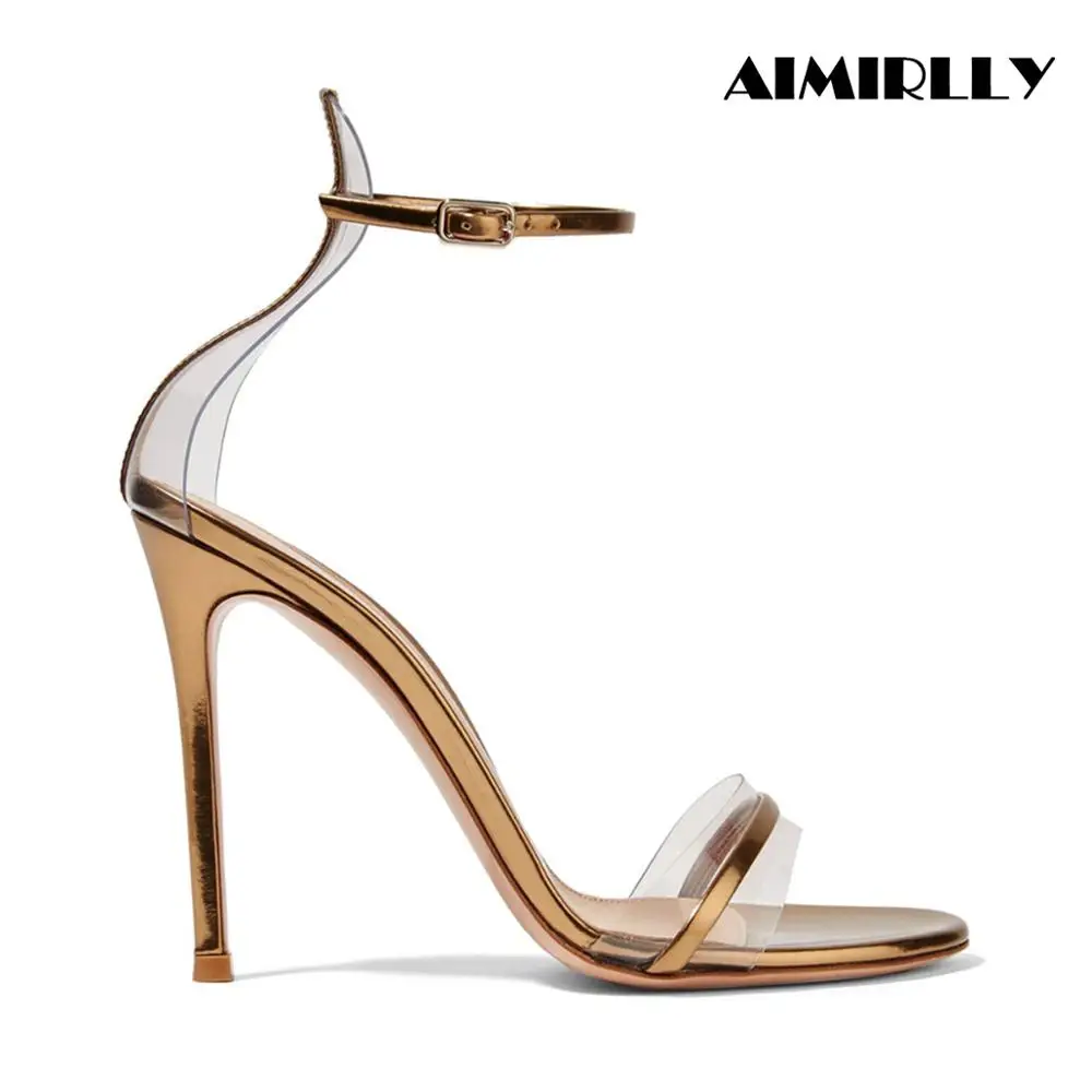 

Aimirllly Women Open Toe High Heel Stilettos Ankle Strap Clear PVC & Gold PU Sandals Summer Evening Party Wedding Dress Shoes