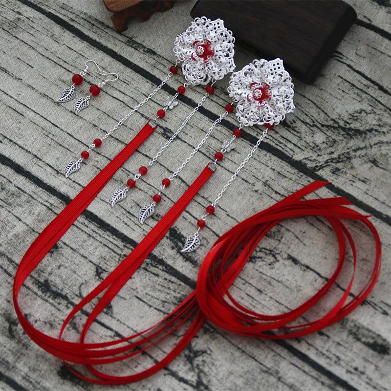 ribbon hairclip chinese style hair clip long tassel hairclip classic hair flower vintage hair accessories