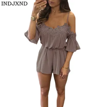 

INDJXND Summer Women Beach Jumpsuit Plus Size Romper Flare Sleeve Off Shoulder Short Overalls Backless Sexy Playsuit For Female