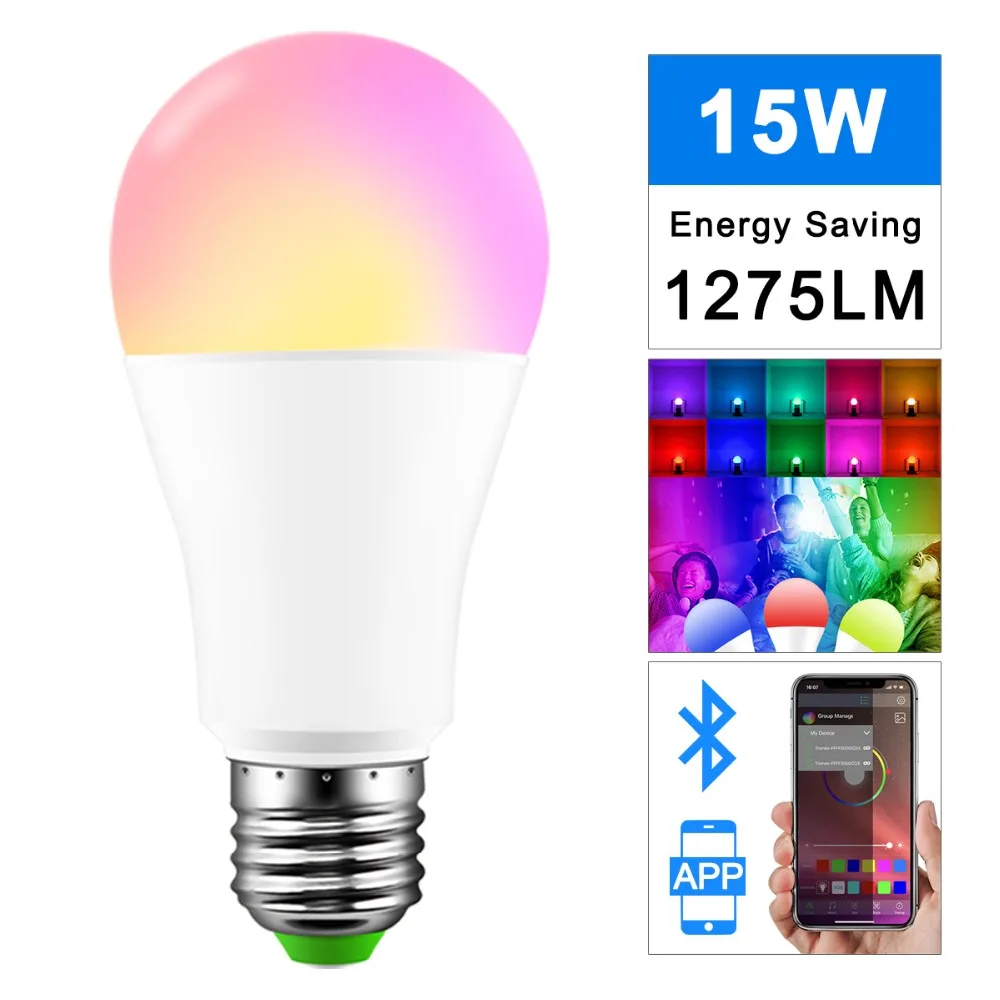 

E27 RGBW Bluetooth 4.0 1275Lumen LED Light 15W APP Smart Voice Music Control Lamp Multiple Colors LED Bulb for Home Lighting