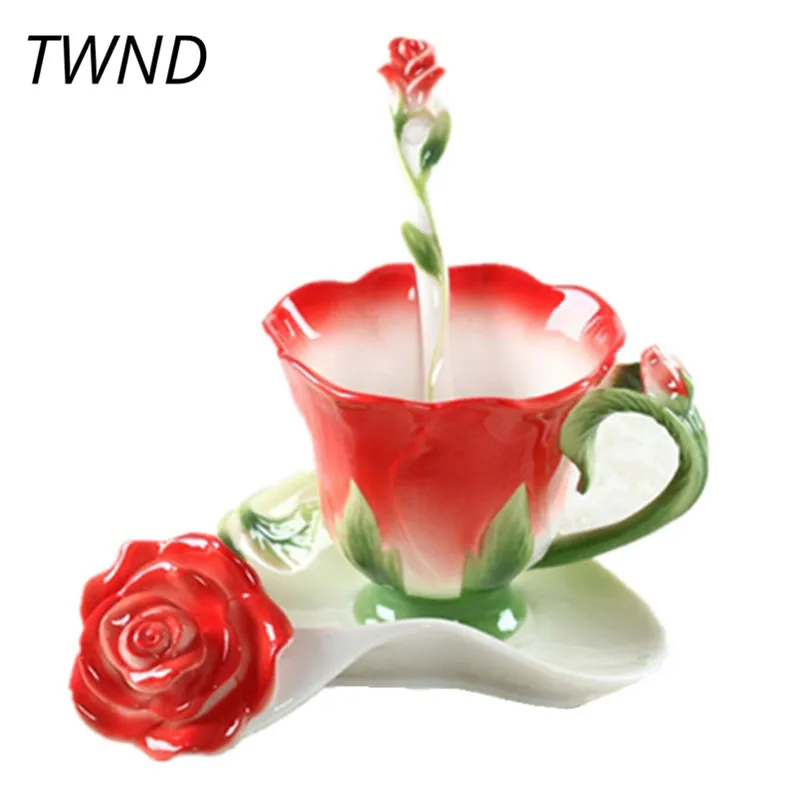 

3D Enamel rose coffee mugs tea cups and mugs with saucer spoon creative lover drinkware