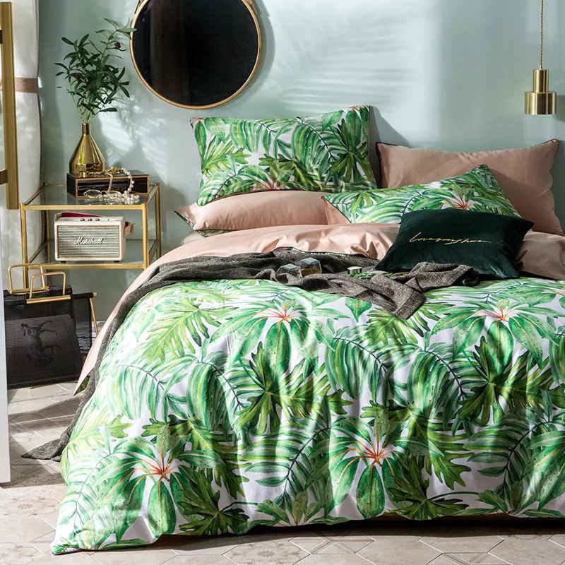 

60S High Quality long staple cotton Neo Boho Duvet Cover Sets Tropical green Banana plants Girls Bedlinen Sheet Queen Size