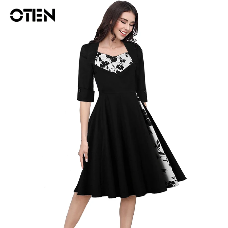 

OTEN Spring Elegant Dress Ladies Vintage rockabilly clothing Flower Floral Print half Sleeve plus size dresses for women 4xl 5xl