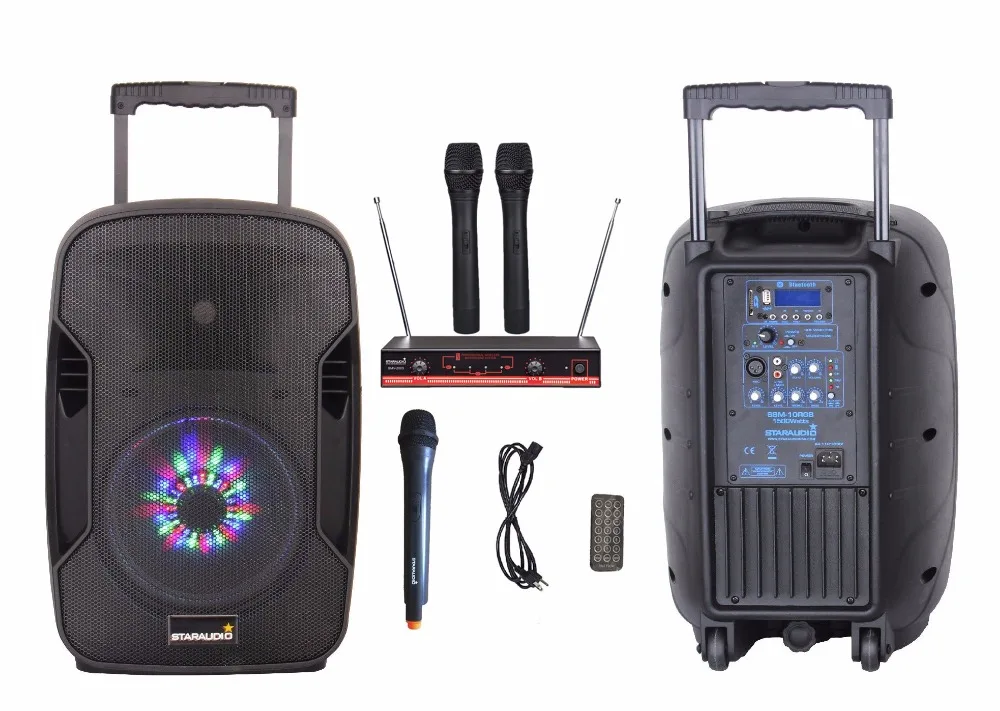 

STARAUDIO 10" 1500W Pro PA DJ Active Recharge Battery Stage Club BT USB SD MP3 Speaker W/ RGB LED Lighting 2CH VHF Mic SBM-10RGB
