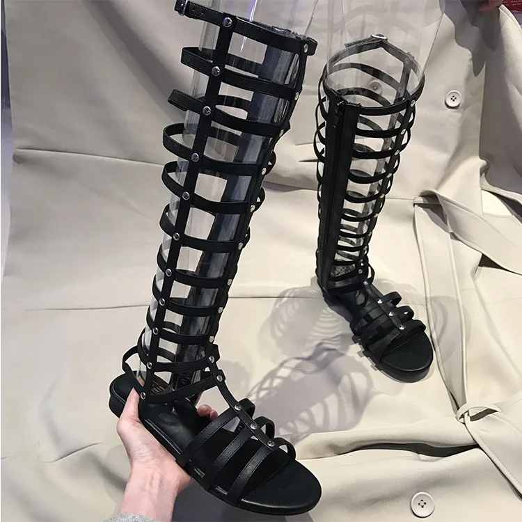 

Chic Summer Gladiator Sandals Side Zip Narrow Band Woman Flats Designer Leather Hollow High Top Casual Sexy Sandals Female Shoes