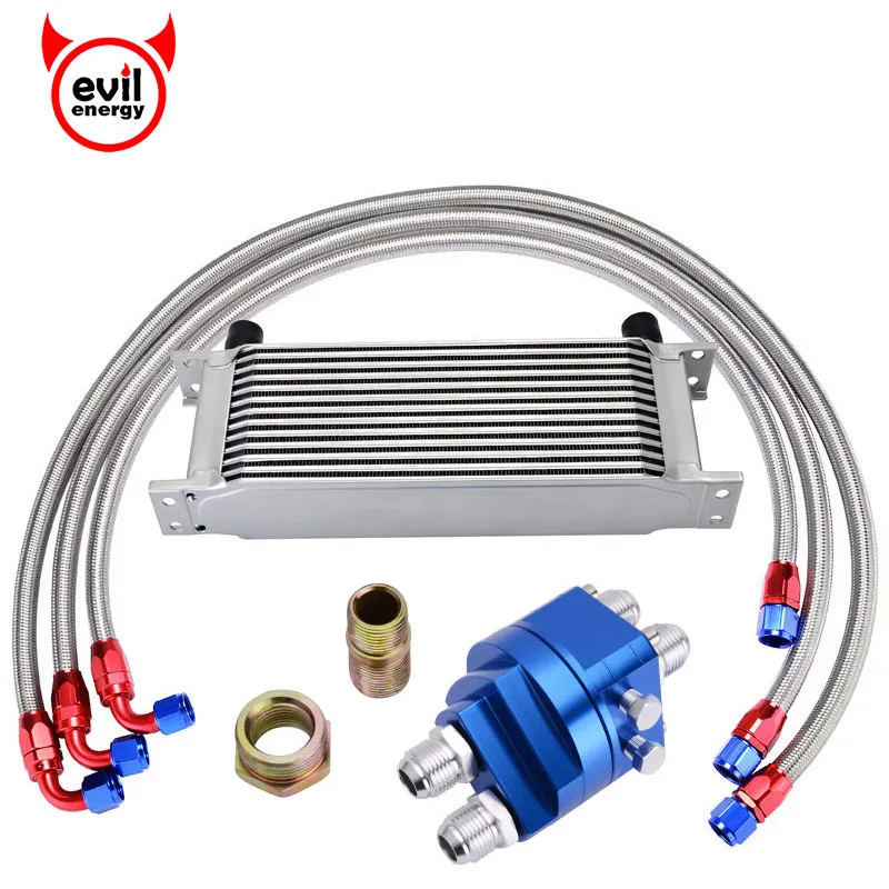 evil energy 13ROW 10AN Engine Racing Oil Cooler Kit+Relocation Male Sandwich Fitting Adapter+ Stainless Steel Swivel hose line