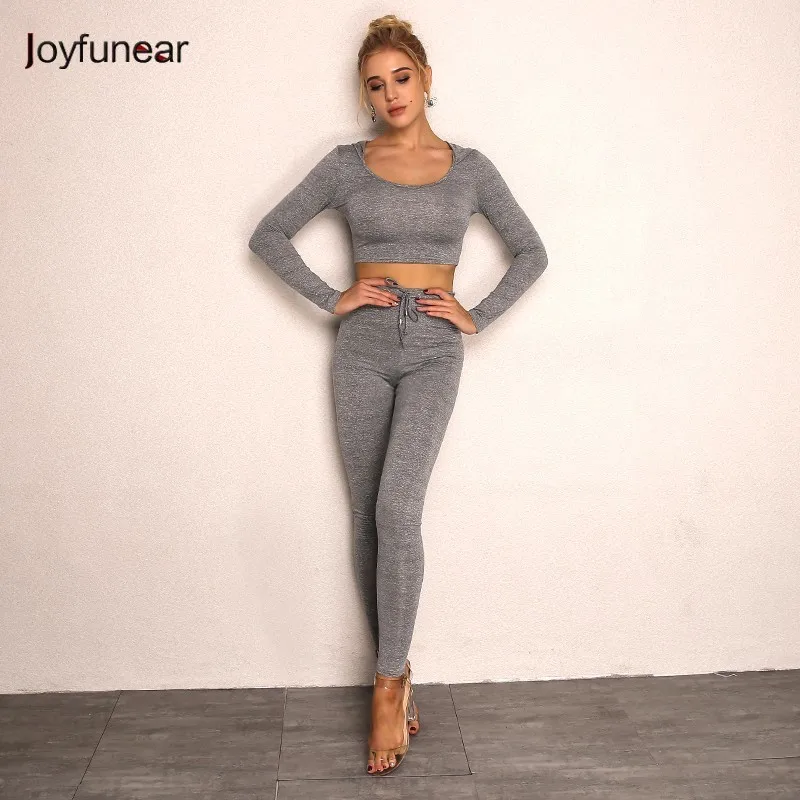 

Joyfunear Fashion cotton two piece set women clothing club wear sexy crop tops and pencil pants long sleeve two pieces outfits