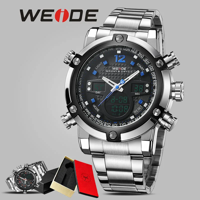 

WEIDE mens watches sports watch LED digital electronic quartz stainless steel waterproof watch alarm clock wrist watch camping
