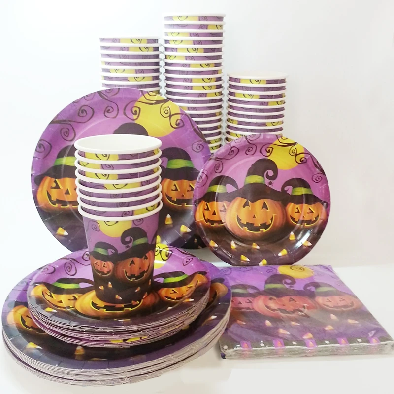 1Set Halloween Disposable Tableware Sets Plates Paper cups Napkins