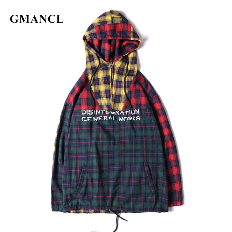 

GMANCL Men Lattice Patchwork Oversized Hooded Sweatshirts Hip hop Streetwear Printed Cotton Loose Men Casual Pullover Hoodies