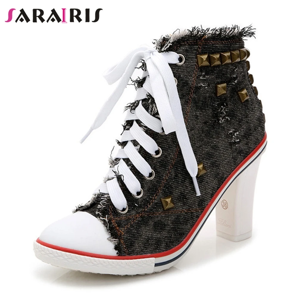 

SARAIRIS New Fashion Heeled Denim Boots Women 2019 Autumn Fashion Rivet Footwear Women High Chunky Heels Shoes Woman