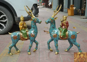 

wedding decoration China Bronze Cloisonne enamel Gilt boy girl Ruyi Yuanbao deers Sika deer statue