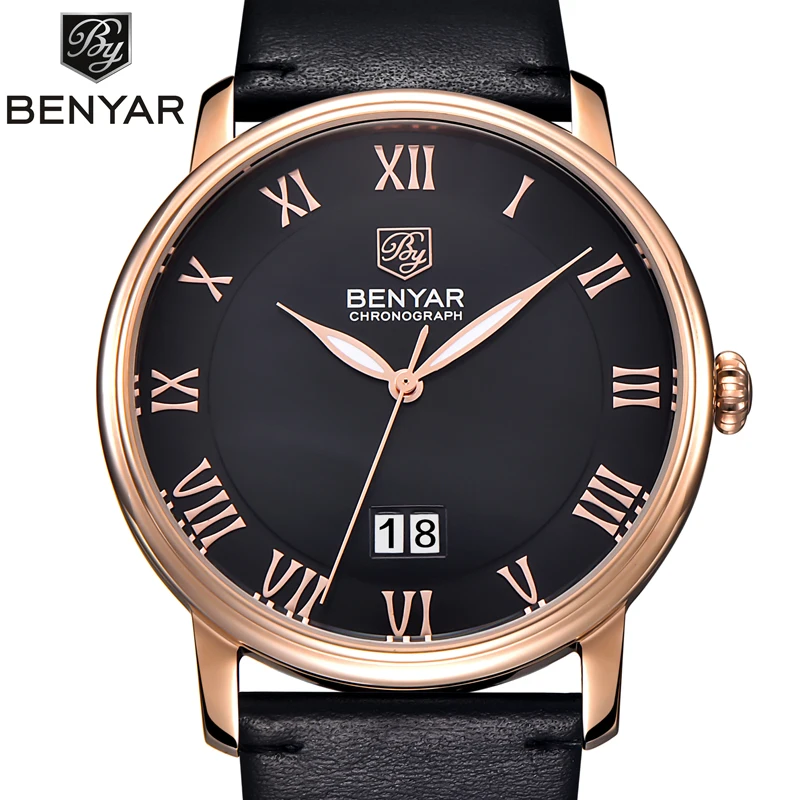 

Auto Date Watch Men Water Resistant Stainless Steel Men Watch Fashion Dress Business Design Leather Winner Quartz-Watch BENYAR