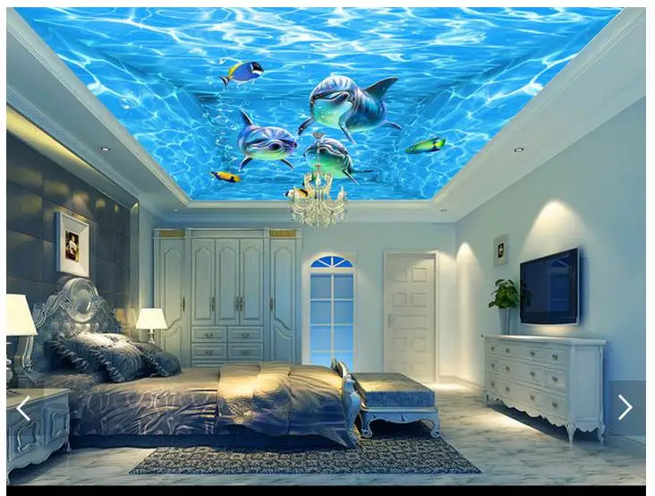 

3D wallpaper custom 3d ceiling wallpaper murals Beautiful blue ocean water dolphin ceiling murals 3d living room photo wallpaper