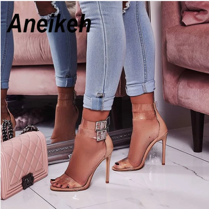 

Aneikeh 2019 Women Sandals High Heels Ladies PVC Open Toe Ankle Strap Gladiator Sandals Female Wedding Sexy Shoes Stiletto Pumps