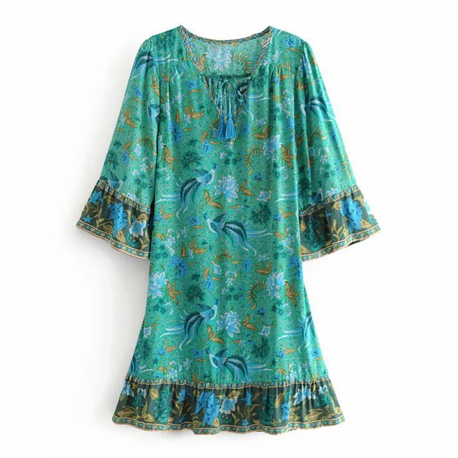 TEELYNN мини платья для женщин с расклешенными рукавами Зеленый Малахит BOHO