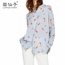 Chic goldfish print striped shirt women 2017 long sleeve cotton blouse fashion Top2017 autumn shirt turn-down collar office wear