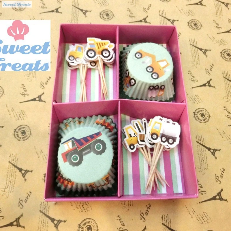 The truck 24 Cupcake Liners and 24 Cake Toppers Set For Birthday Party