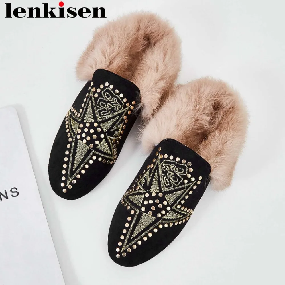 

Lenkisen ethnic style rivets decoration round toe slop on mules flock real fur low heels concise style party shallow pumps L03