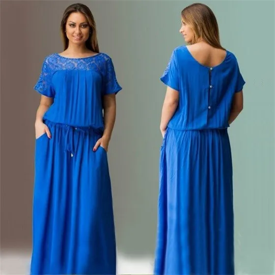 Кружевные платья высокого качества Robe Femme Ete шикарные платья размера плюс для женщин 4xl 5xl 6xl Sukienka Простое Элегантное платье с карманами - Цвет: blue dress