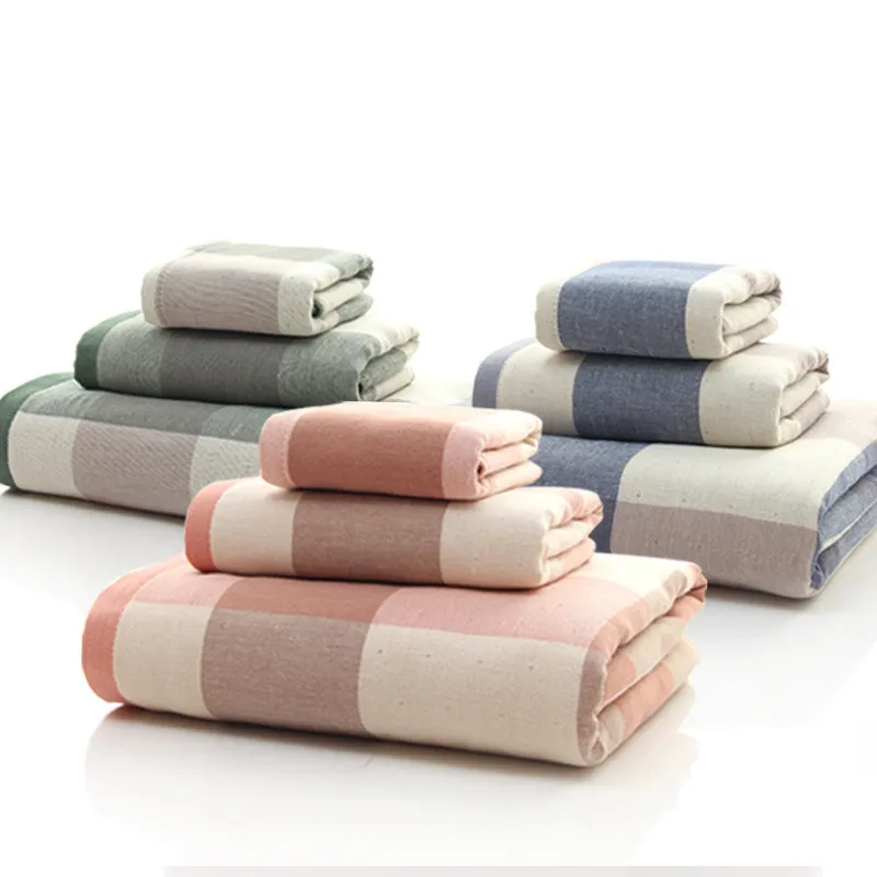 

High Quality Thick 3Pcs Stripe Plaid Bath Towel Set for Adults Terry Fabric Washcloths High Absorbent Home and Hotel Using