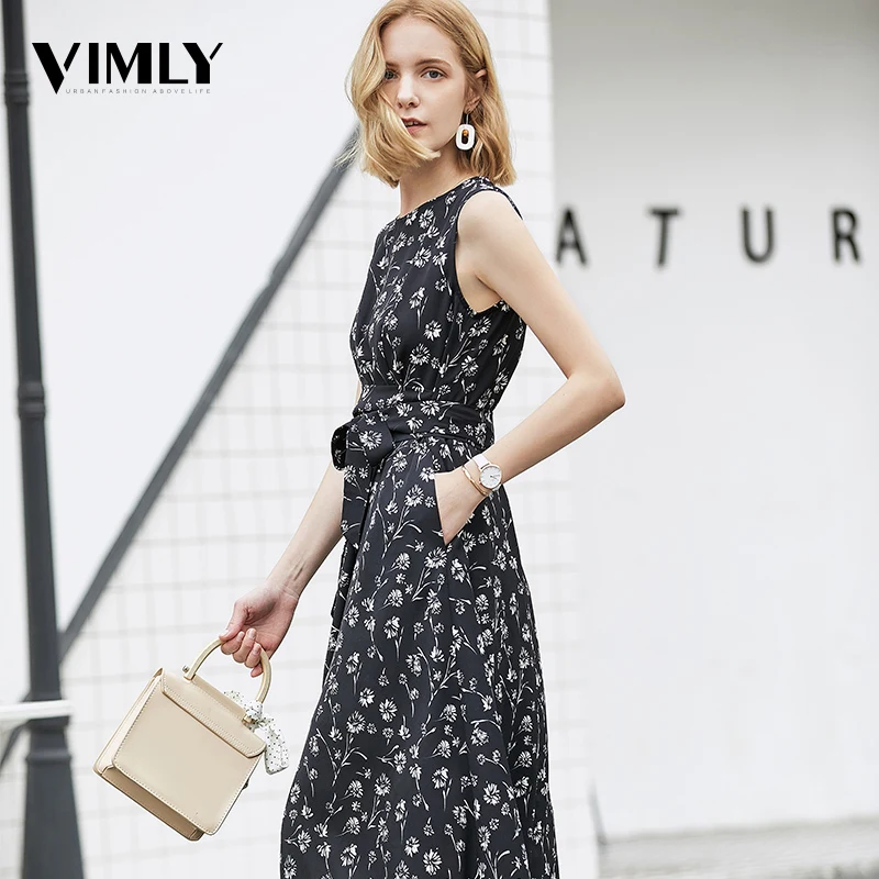 

Vimly Chiffon Print Dress Summer Female Sleeveless Black Floral Dresses High Waist Elegant A Line Dresses Fashion Street wear