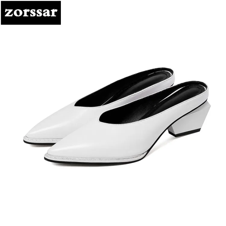 

{Zorssar} 2018 New Fashion Genuine Leather womens slippers High heels woman sandals Summer Slides Shoes women mules shoes