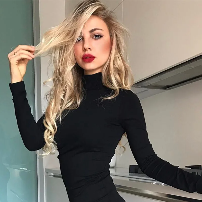 Women Bodysuits Black Turtleneck Sexy Jumpsuits Long Sleeve Body Suit Bodycon Sheath Playsuit Bodysuit Elastic Party Jumpsuits and Playsuits