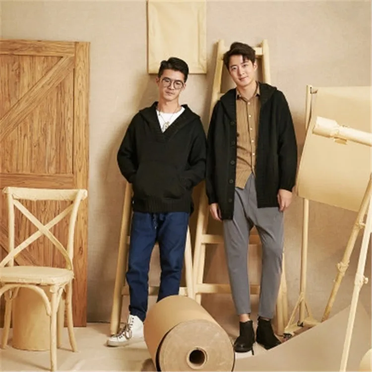  100%hand made pure wool hooded knit men fashion solid loose single breasted cardigan sweater one&ov