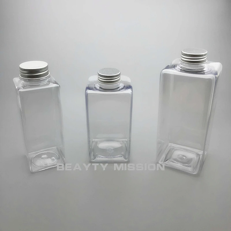 

Transparent 350ml/450ml/650ml 10 pcs/lot Empty Square Juice Water Bottle, Aluminum Cap PET Thickening Refillable Bottles