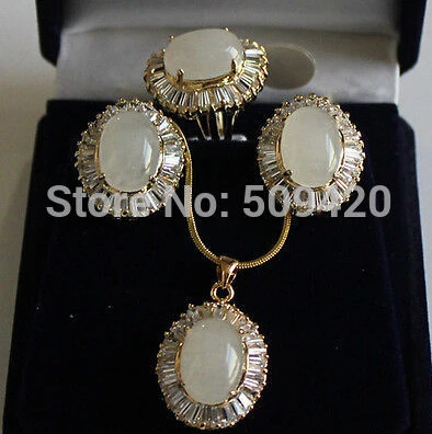 

hot sell > Jewellery white jade & Zircon pendant necklace earring ring sets