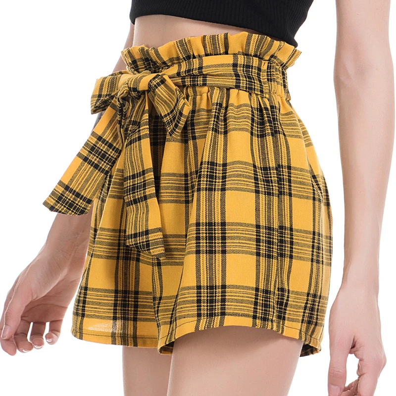 2019 новые летние женские Drawstring красный желтый плед широкие брюки короткие штаны повседневное девушка Harajuku шорты для женщин