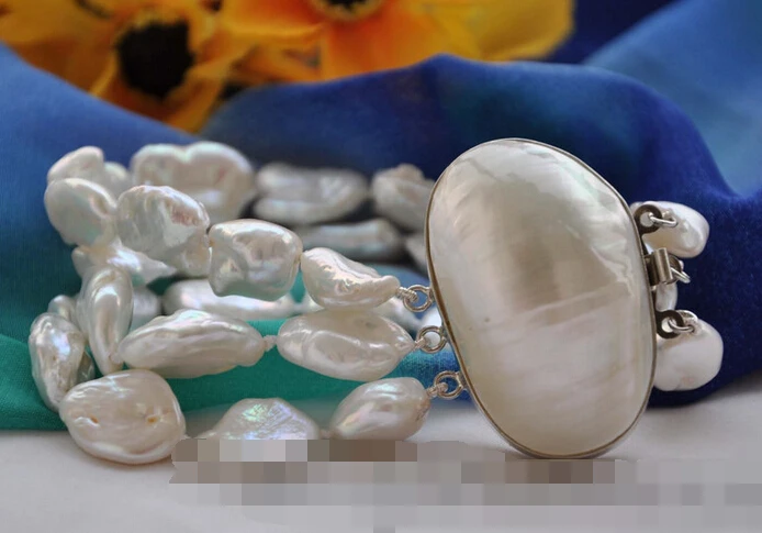 

free shipping 09358 3strands BAROQUE white KESHI REBORN PEARL bracelet mabe clasp