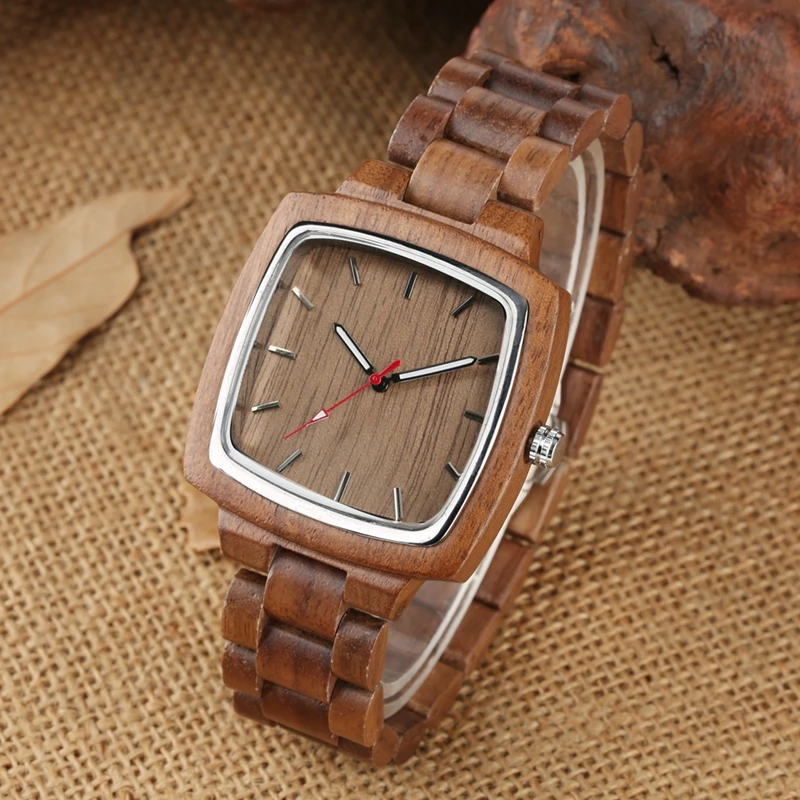 Coffee Brown Wooden Watch for Men Quartz Men s Wood Retro Square Dial Casual Full Wooden 4