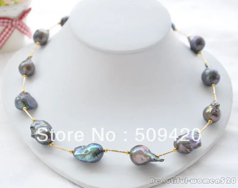 

~~ Free Shipping22mm BLACK BAROQUE KESHI REBORN PEARL NECKLACE 20inch