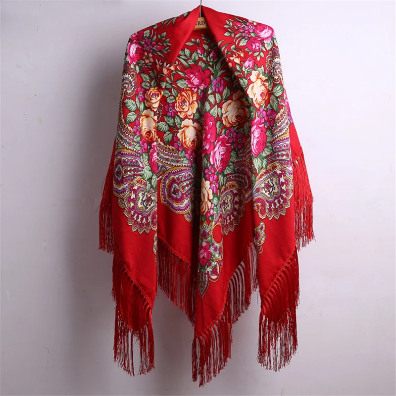 

Russian Style Ethic Flower Printing tassle Square Scarf Shawl Long Tassel Oversized Floral Bandana Wrap 140x140cm