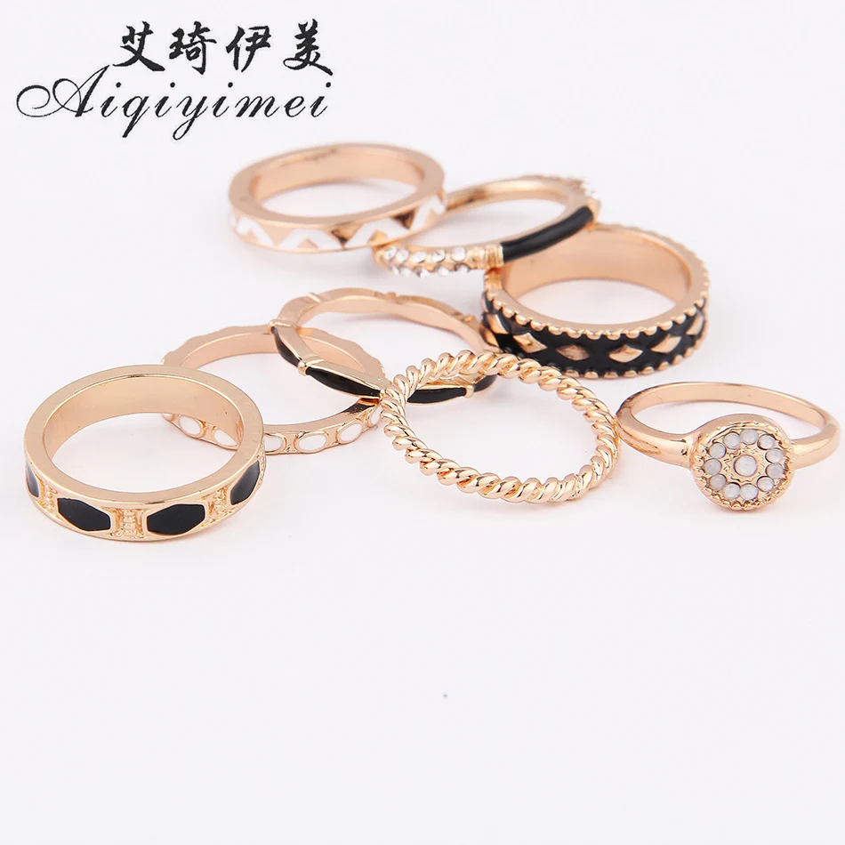 

Aiqiyimei Brand New 8 pcs Bohemia Drop of oil Ring Set Fashion Black tattoo Finger rings For Women High quality Jewelry Anillos