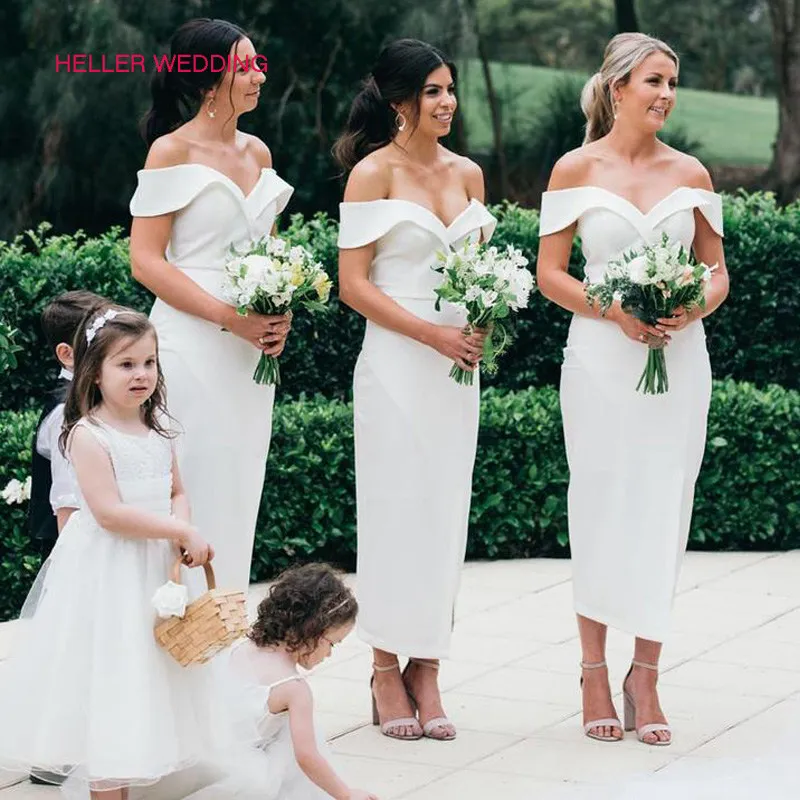

White Bride Maid Dresses For Weddings Off The Shoulder Sweetheart Tea Length Bridemaids Dresses Robe Pour Un Mariage